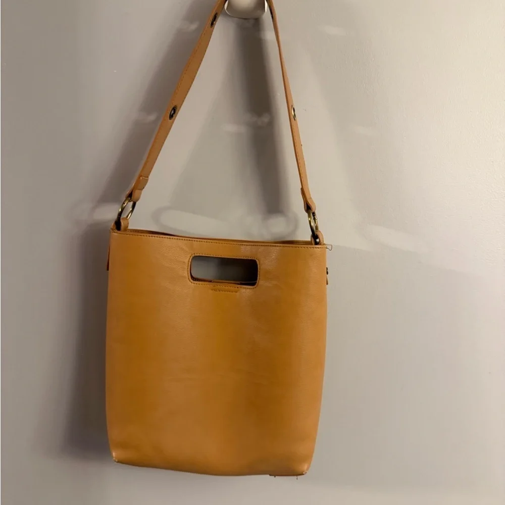Tan Faux Leather Shoulder Tote Bag Cutout Handle Minimalist